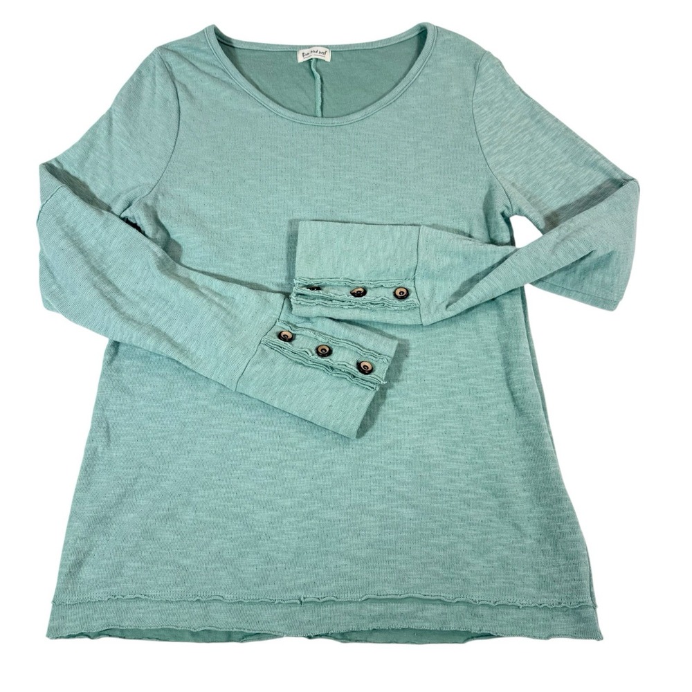 Three Bird Nest Layered Long Sleeve Pullover Top Sage Green Sz LG Raw Hem Boho
